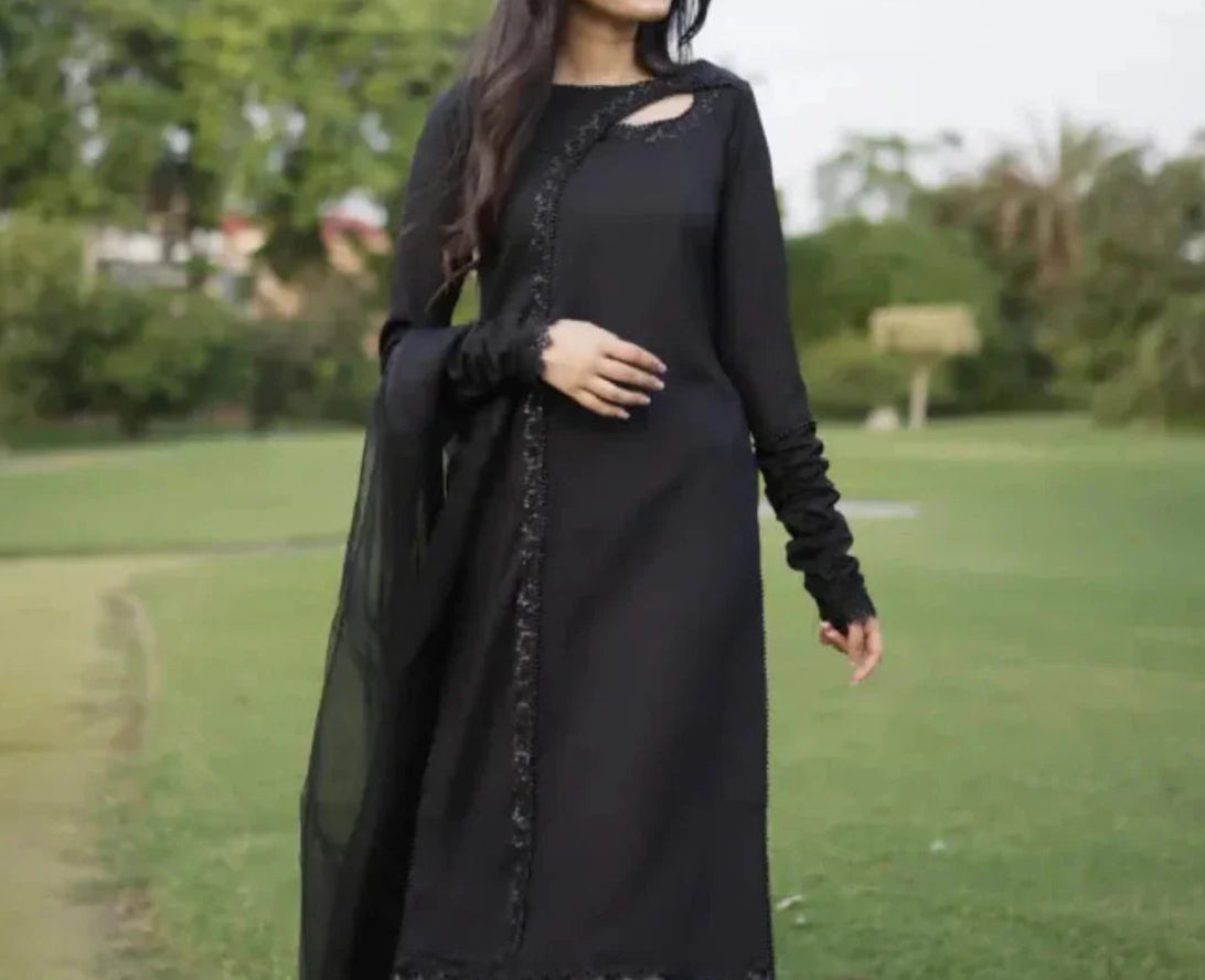 3-Piece Black Suit & Chiffon Dupatta
