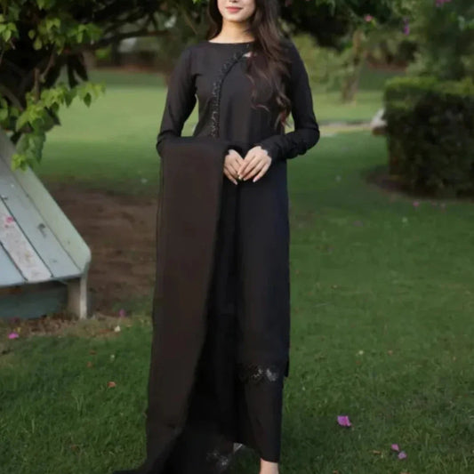 3-Piece Black Suit & Chiffon Dupatta