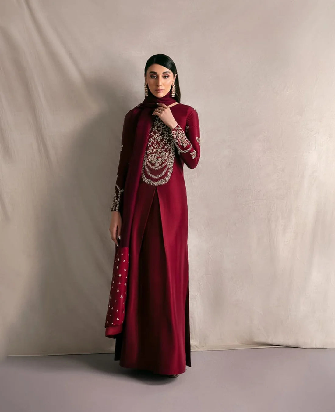 Royal Bloom - Mehroon Embroidered Raw Silk 2-Piece Suit