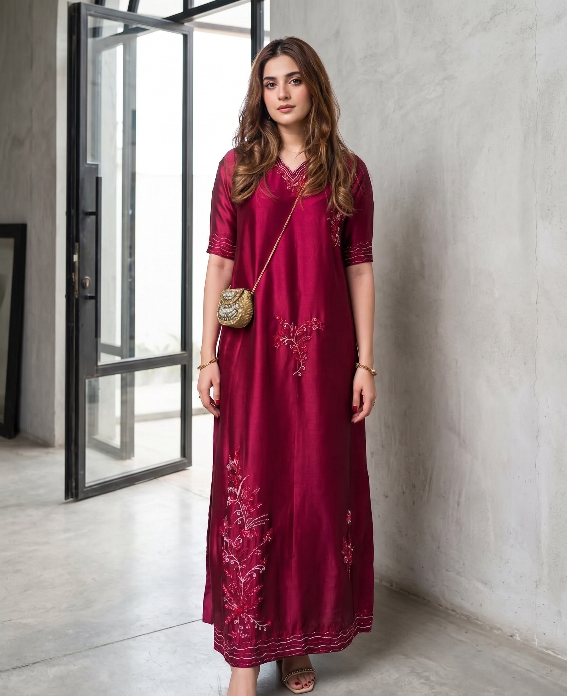 Virsa - Dark Mehroon Embroidered Raw Silk Dress