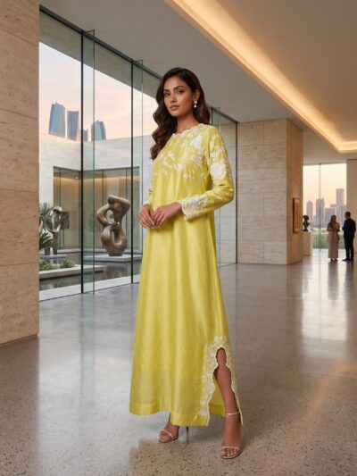 Bahaar - Lemon Yellow Block Print Pearl Work Shirt