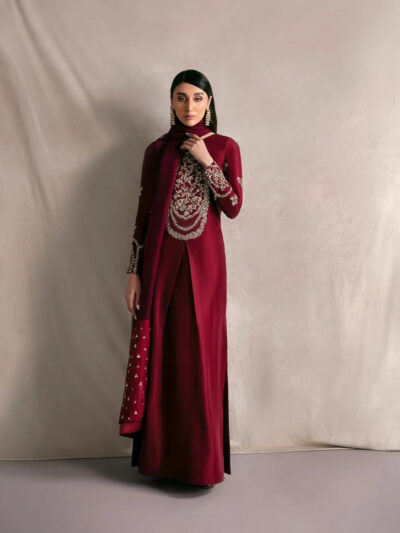 Royal Bloom - Mehroon Embroidered Raw Silk 2-Piece Suit