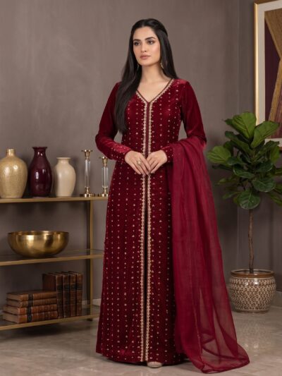 Sajni | Cherry Red Embroidered 3-Piece Ensemble