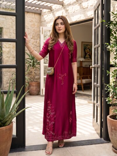 Virsa - Dark Mehroon Embroidered Raw Silk Dress